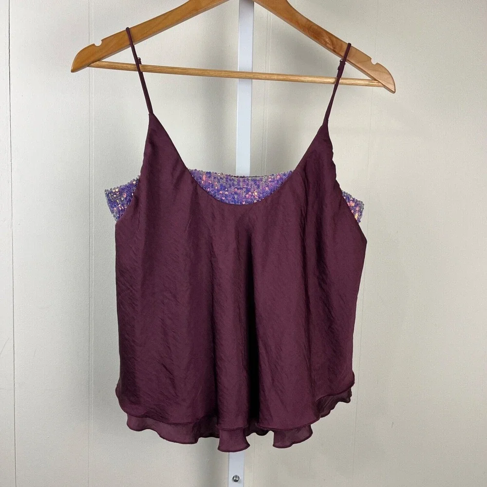 Intimately Free People Medium‎ Crop Top Cami Tank Vetiver Bloom Burgundy Sequins